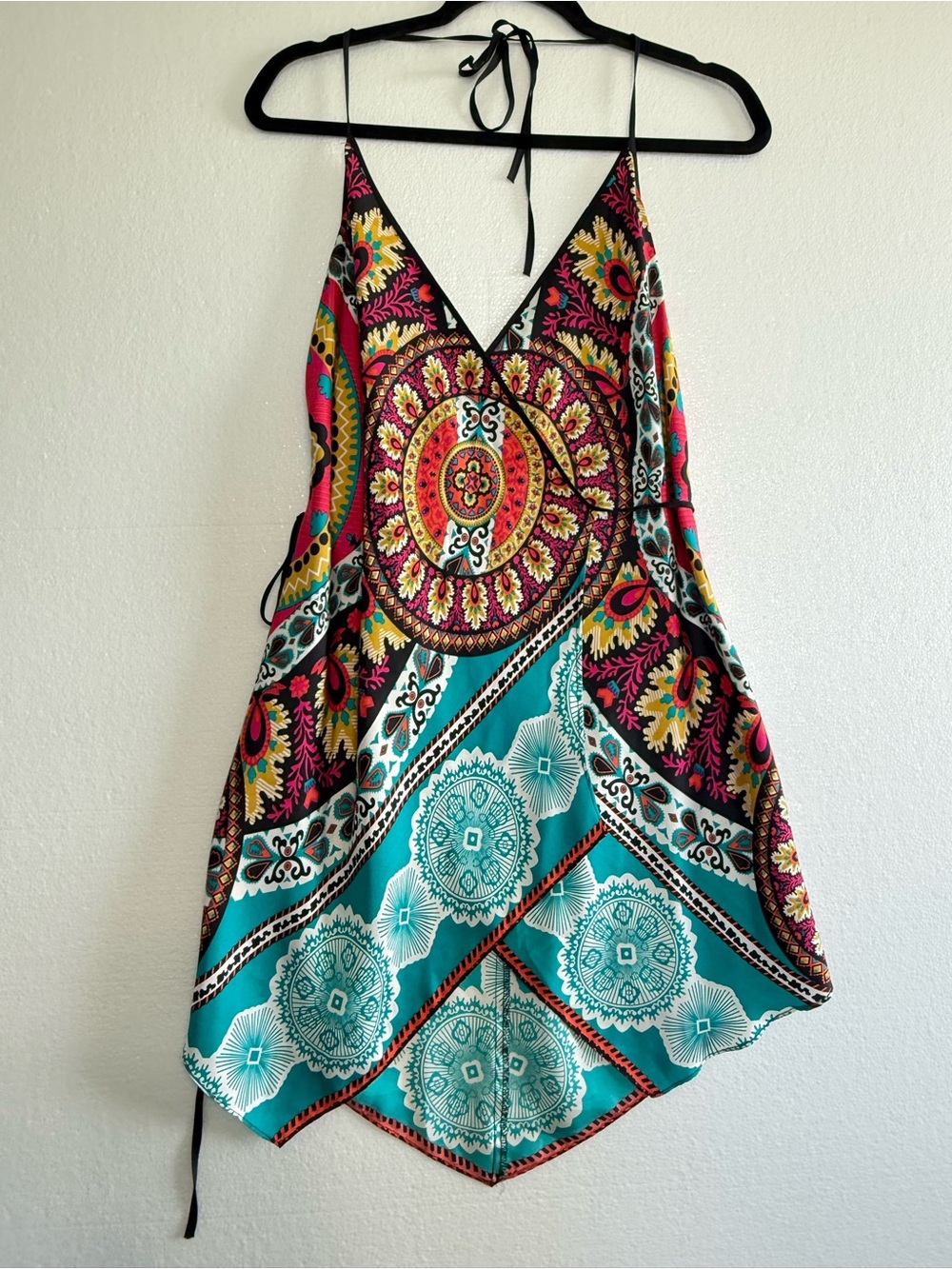 Marciano silk Wrap Halter Mini Dress handkerchief hem medallion cover Up Size S
